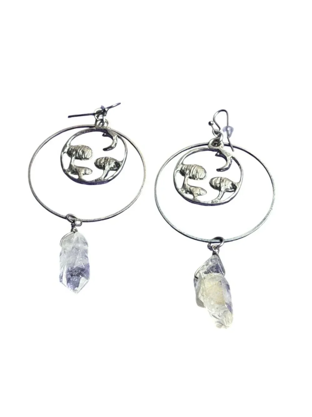 Celestial Boho Silvertone Circle Dangle Earrings Mushrooms Crescent Moon Quartz
